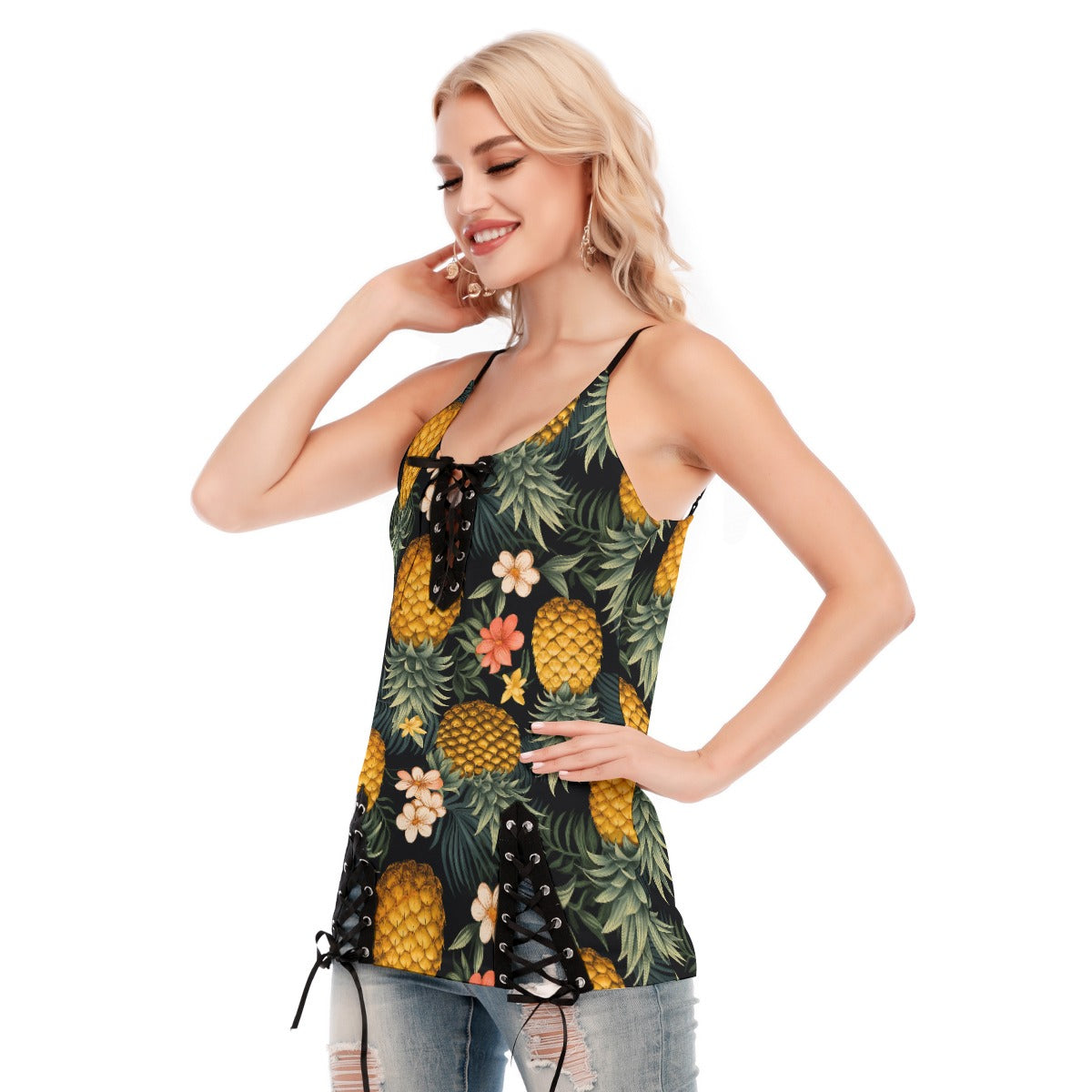 Hotwife Club Upside Down Pineapple V-neck Eyelet Lace-up Cami Dress for Swingers and Vixens