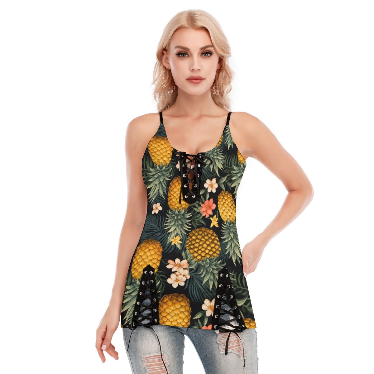 Hotwife Club Upside Down Pineapple V-neck Eyelet Lace-up Cami Dress for Swingers and Vixens