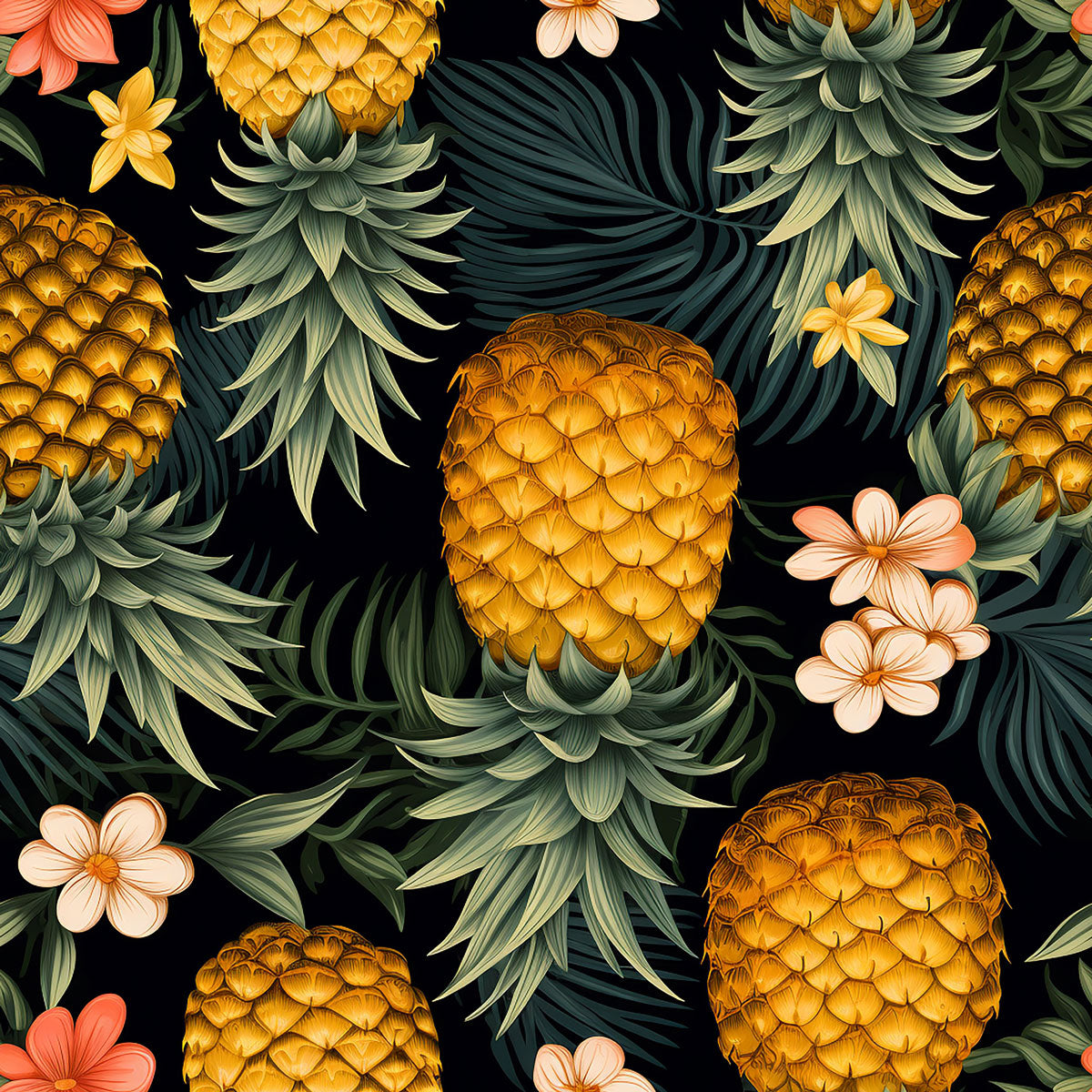 Upside Down Pineapple Black Flowers Design