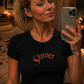 Vintage “Sinner” – Retro Pulp Style Distressed Red Logo Shirt – Gothic Romance Aesthetic