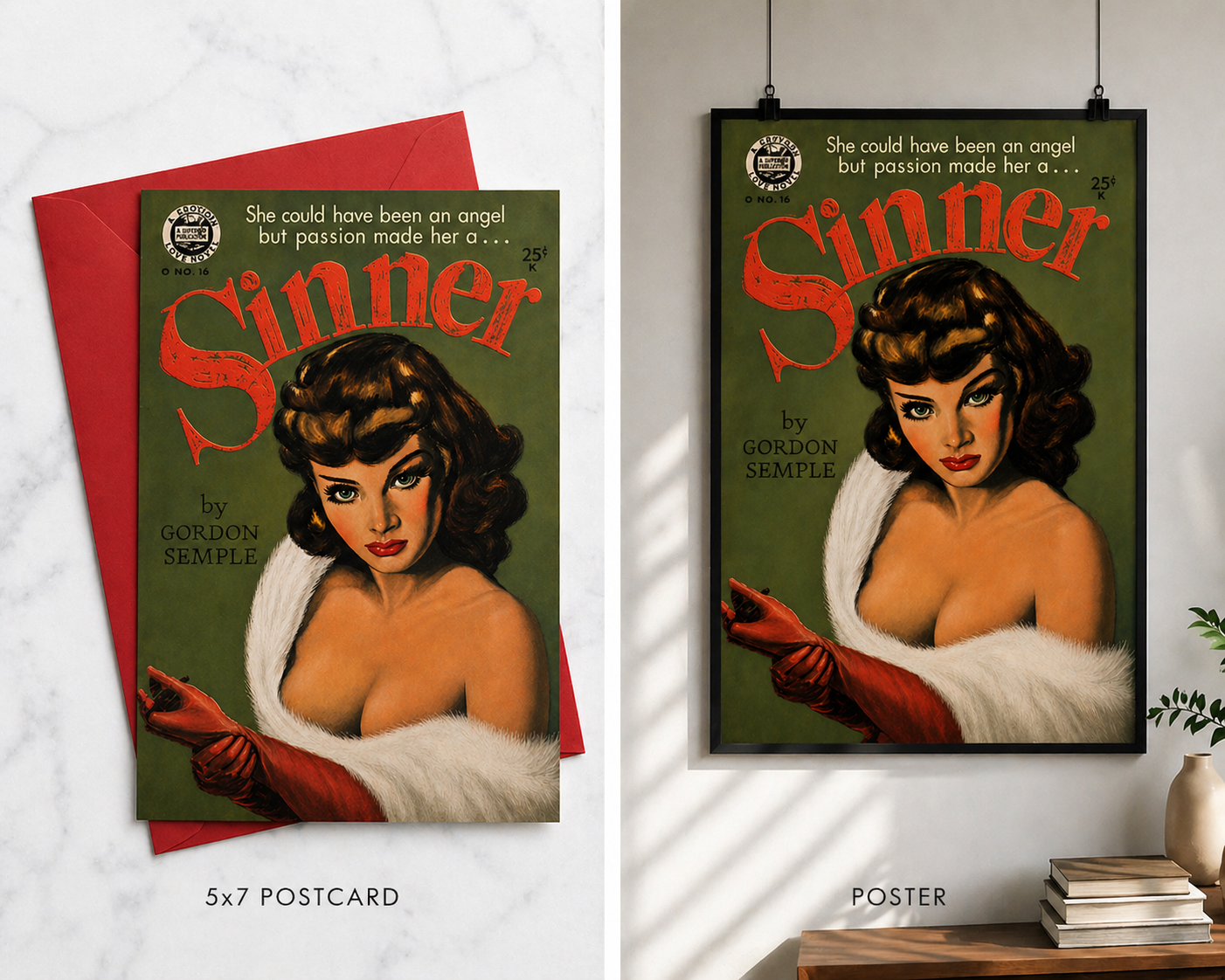 Vintage Sinner”Pulp Art– Retro Paperback Cover Print – Femme Fatale Illustration