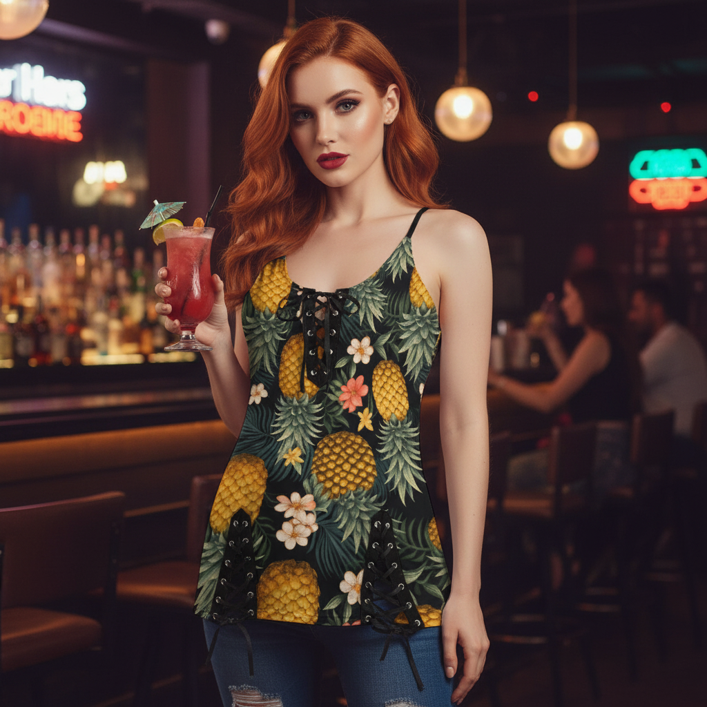 Hotwife Club Upside Down Pineapple  V-neck Eyelet Lace-up Cami Dress for Swingers and Vixens