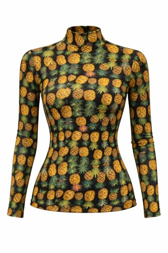 The Hotwife Club Women’s Mesh Long Sleeve Top with Upside-Down Pineapple Print, Fitted Sheer Shirt,