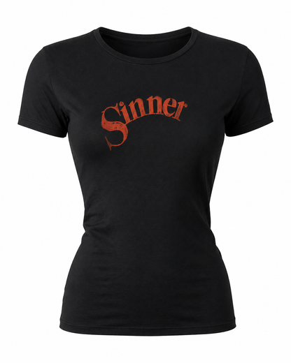 Vintage “Sinner” – Retro Pulp Style Distressed Red Logo Shirt – Gothic Romance Aesthetic